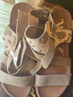 Very G Brown and Tan Canvas Strappy Sandals
